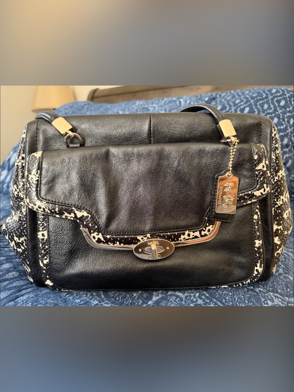 Coach Black Leather Satchel Bag with Ivory/Black “Snakeskin” Trim Gold Hardware